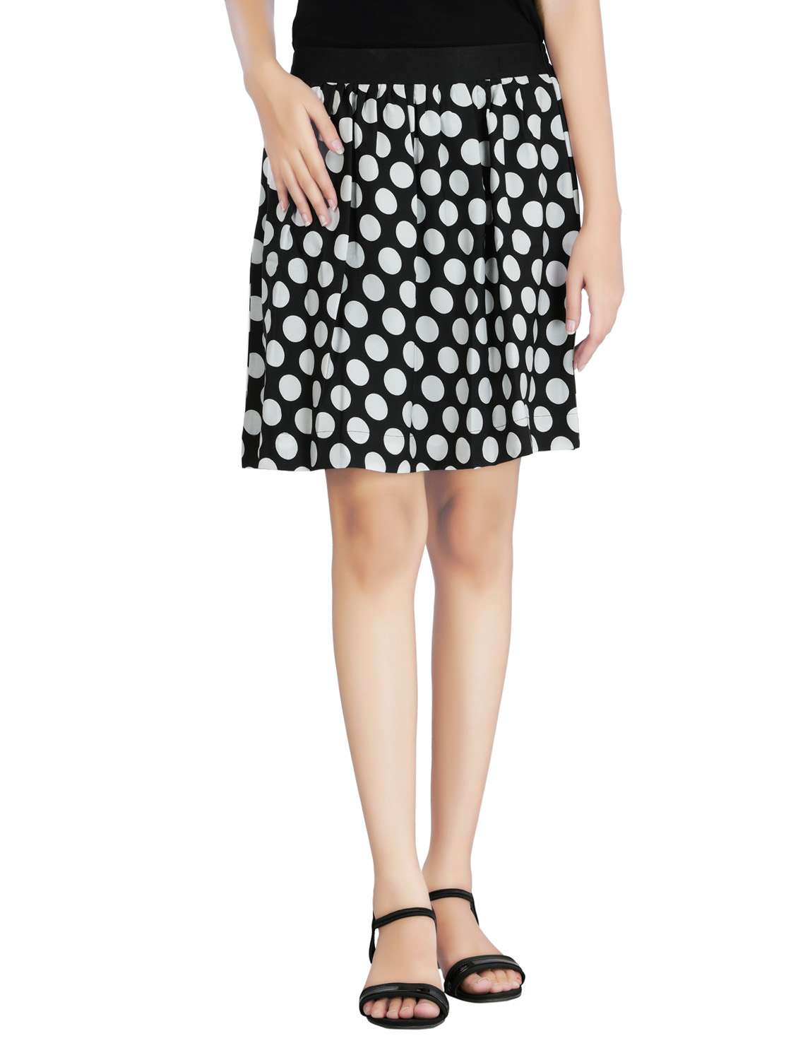 black polka dots printed crepe skirt