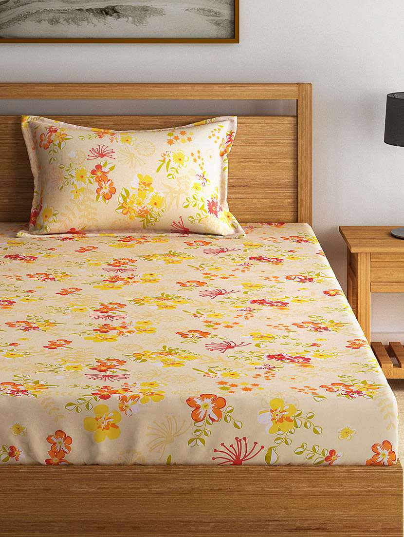 swayam eco beige cotton bed sheet with pillow cover