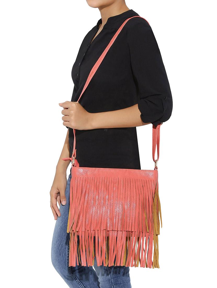 pink leatherette fringed sling bag - 13916855 - Standard Image - 3