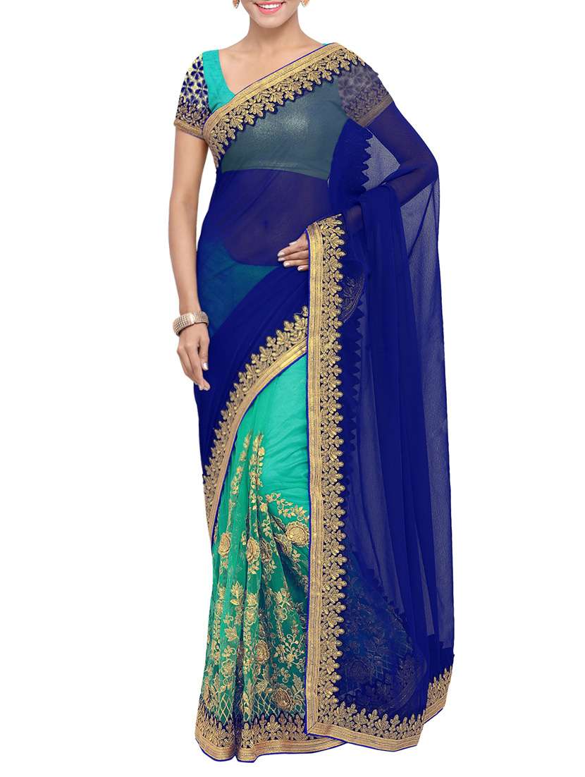 sky blue faux georgette half and half saree with blouse