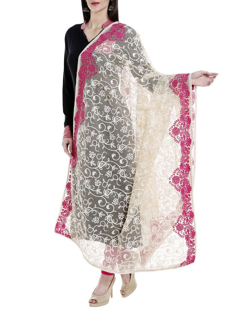 beige cotton embroidered dupatta