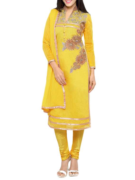 yellow chanderi cotton dress material - 13921103 - Zoom Image - 0