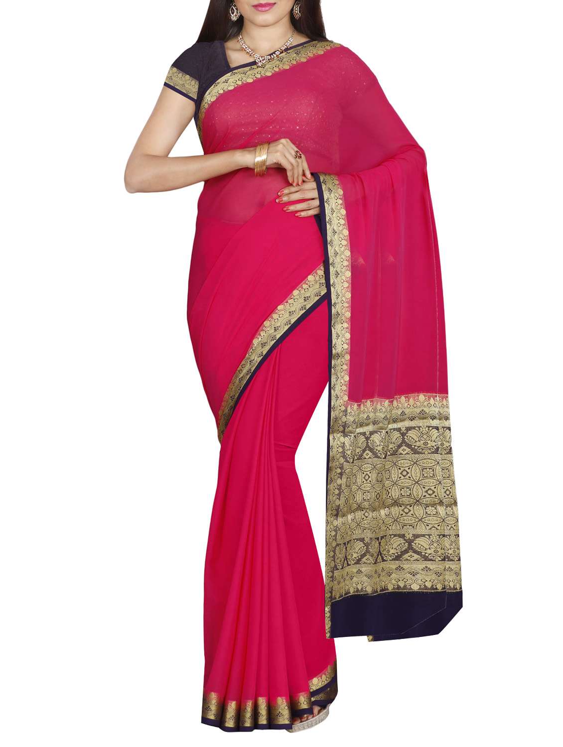 magenta poly crepe bordered saree with blouse