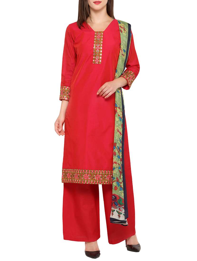 Red cotton unstitched palazzo suits