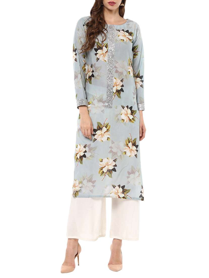 sky blue cotton printed straight kurta
