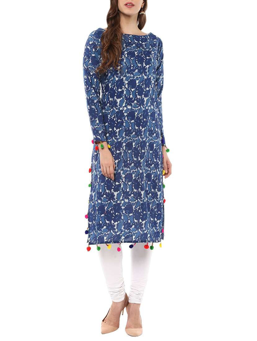 blue cotton printed straight kurta