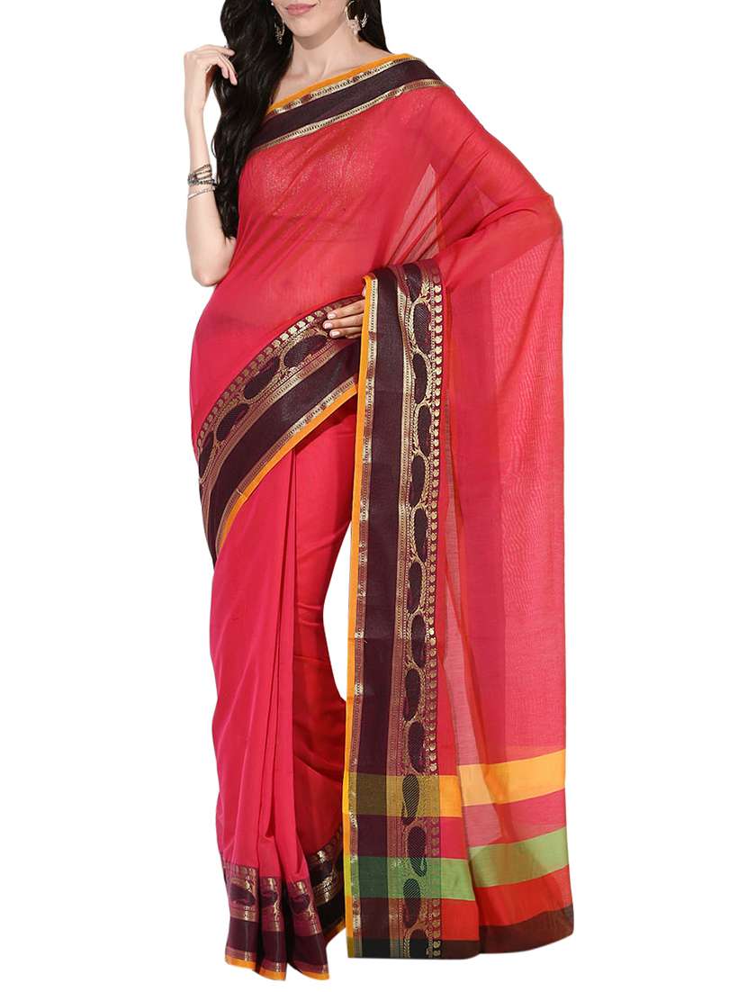 pink cotton blend bordered saree with blouse