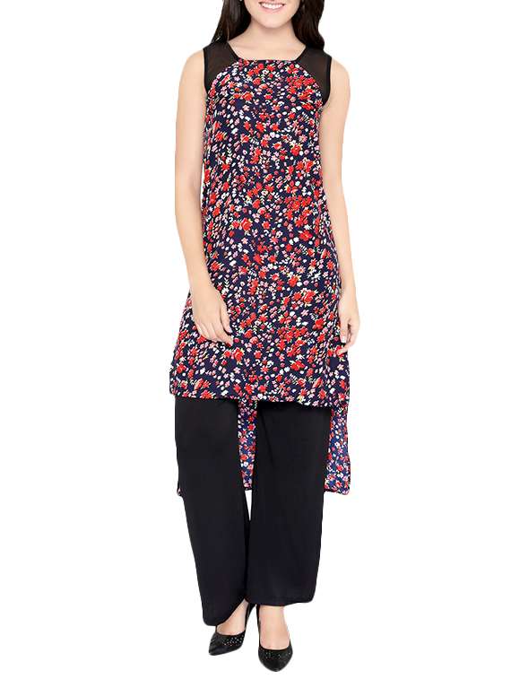blue crepe printed high-low kurta