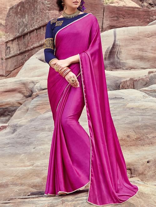 contrast lace detail plain satin saree - 13934186 - Standard Image - 0