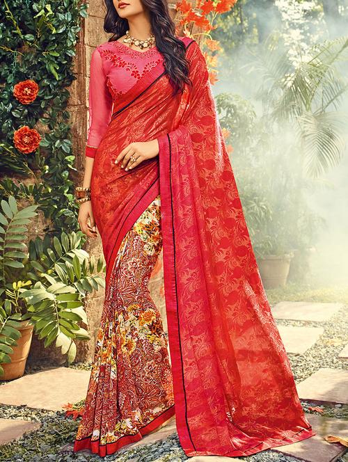 red georgette printed half & half saree - 13934201 - Standard Image - 0