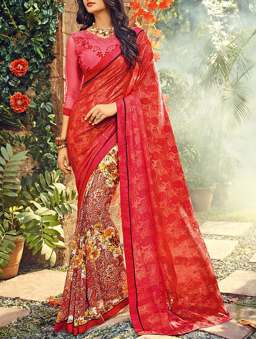 red georgette printed half & half saree - 13934201 - Zoom Image - 0