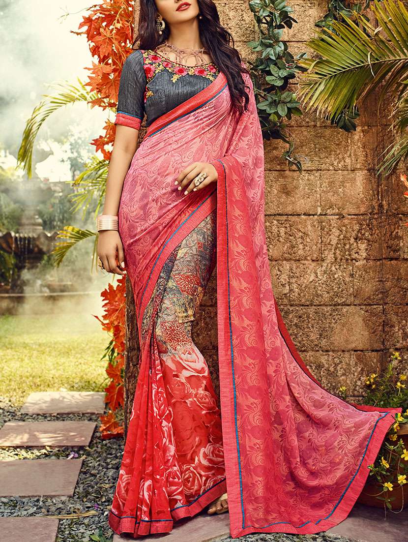 pink georgette printed half & half saree