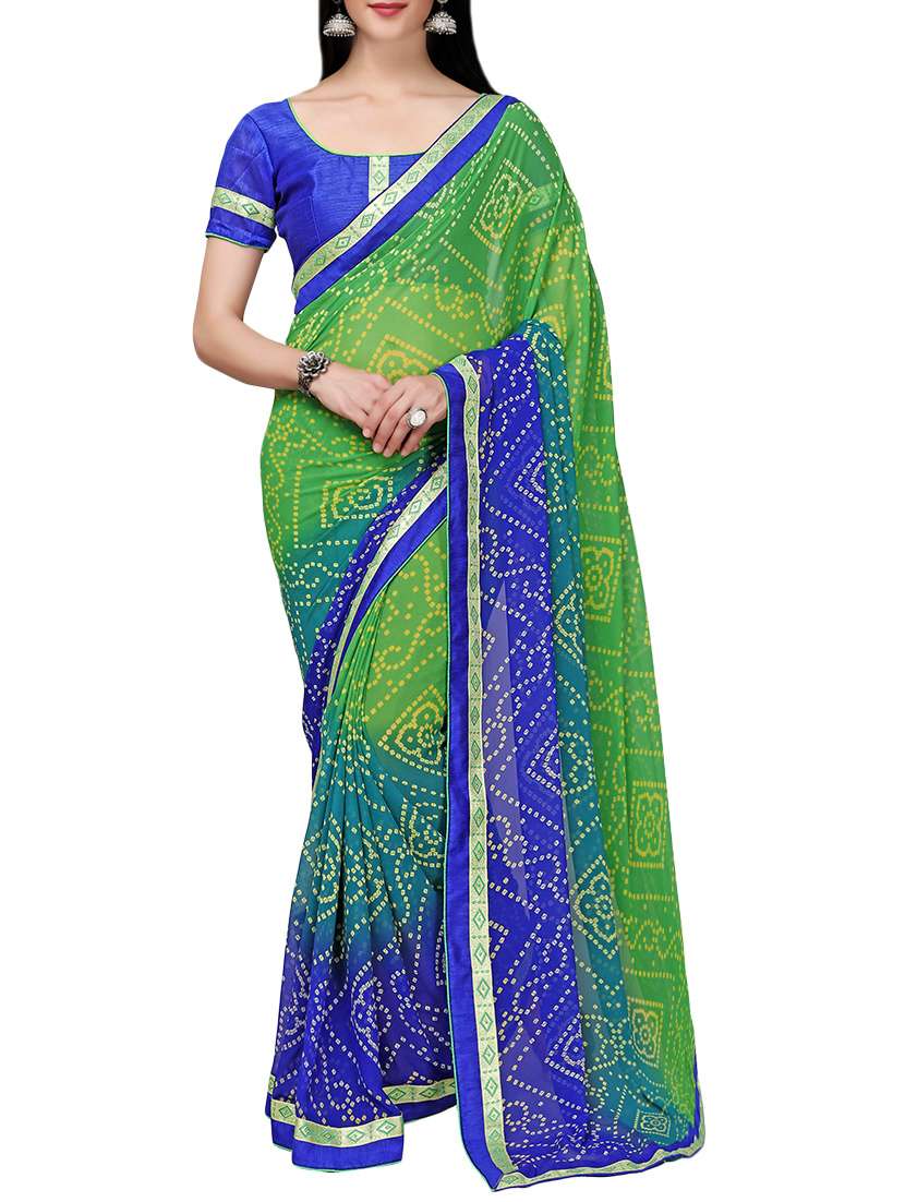green & blue georgette bandhani saree with blouse