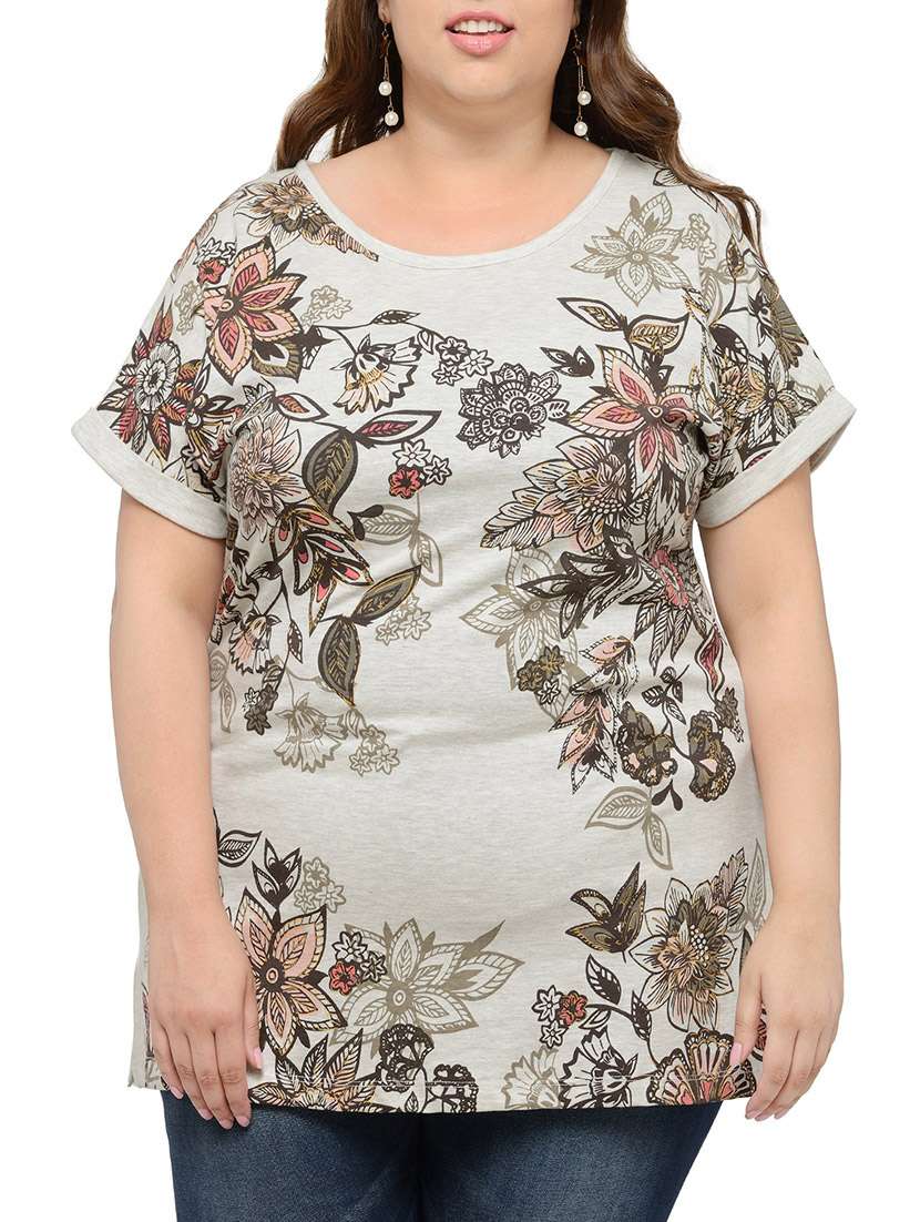 printed grey cotton plus tee - 13945602 -  Zoom Image - 0