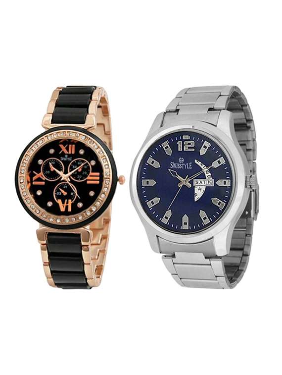 round dial analog couple  watch-(ss-1180blu-703-blk)