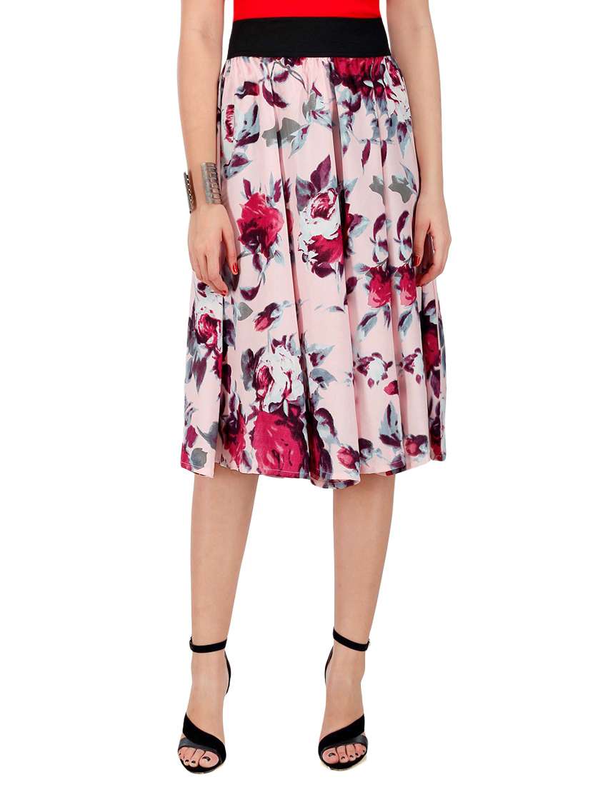 multicolored floral printed crepe flared skirt