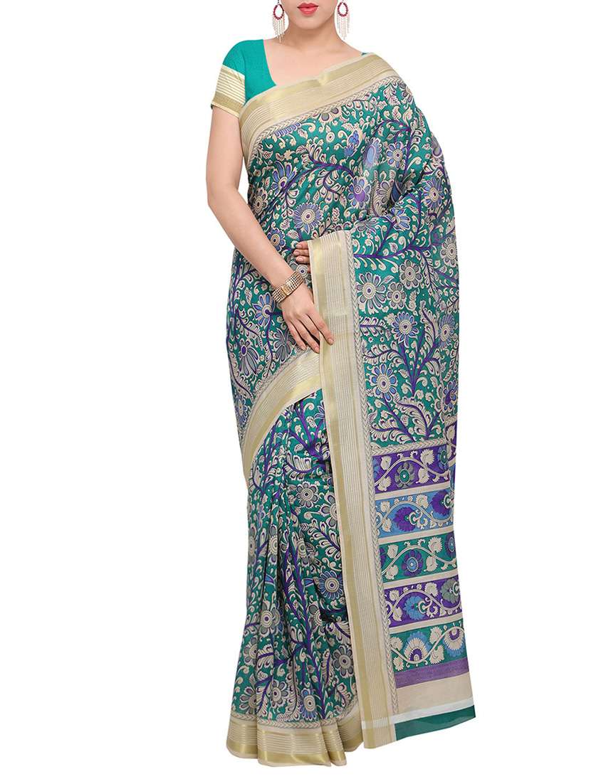 green art silk printed saree with blouse