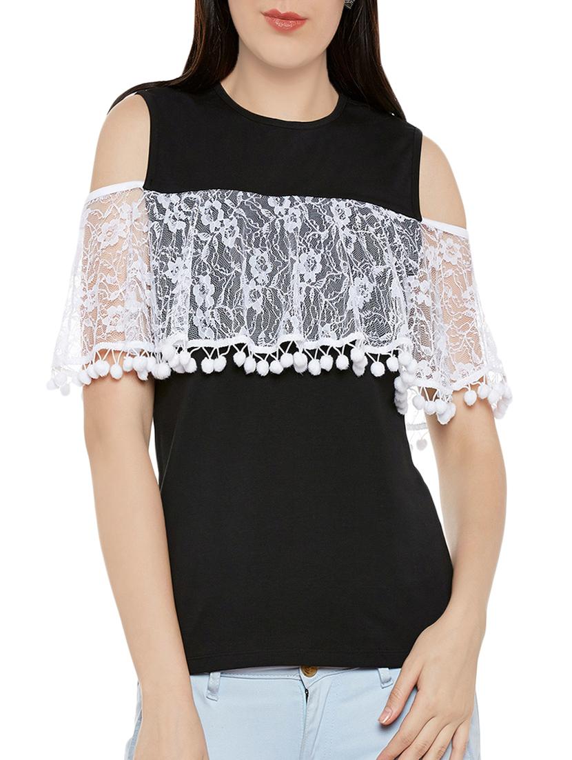 lace panel pom pom cold shoulder top - 13950821 - Zoom Image - 0