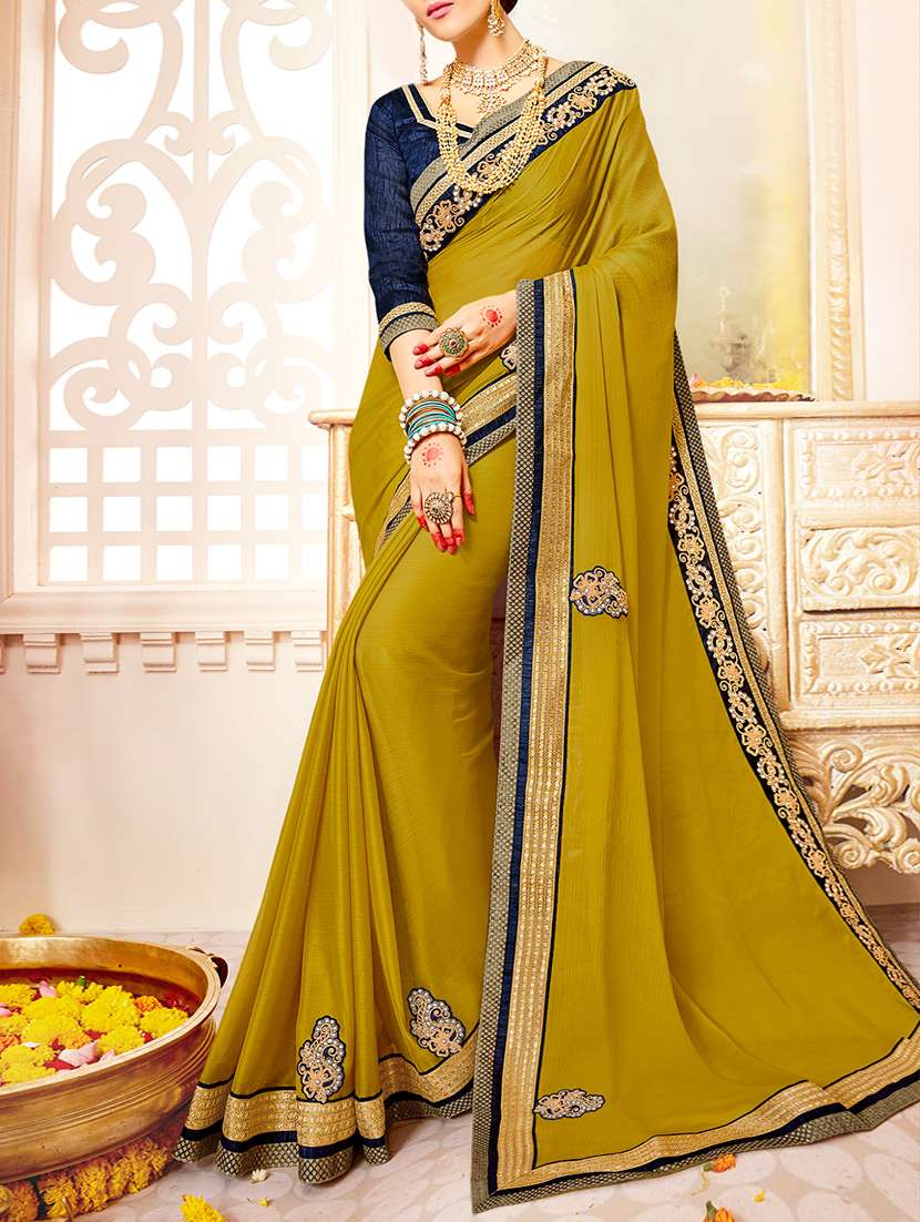 mehandi chiffon bordered saree with blouse