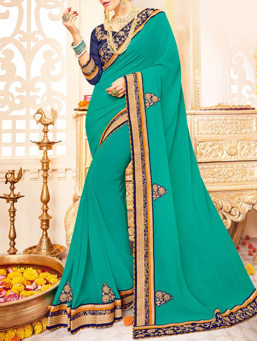 Turquoise georgette bordered saree with blouse