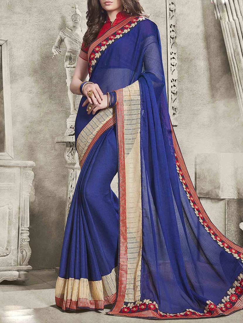 blue bordered chiffon saree with blouse