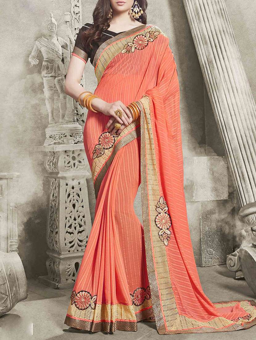 Orange Chiffon Embroidered Saree With Blouse