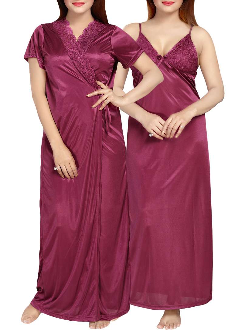 purple solid gown with robe set