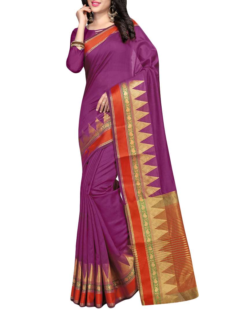 purple bordered cotton saree with blouse