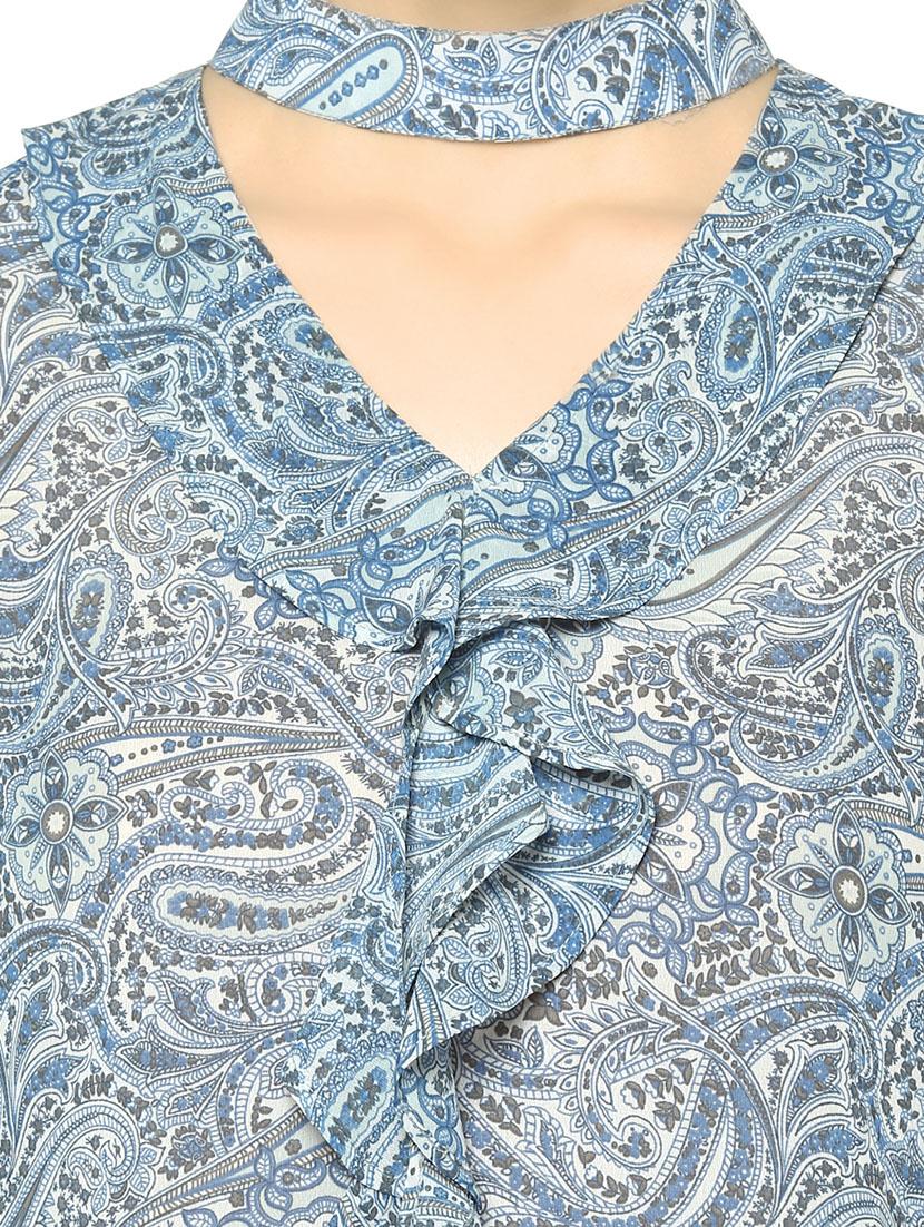 blue paisley printed ruffle top - 13973641 - Standard Image - 3