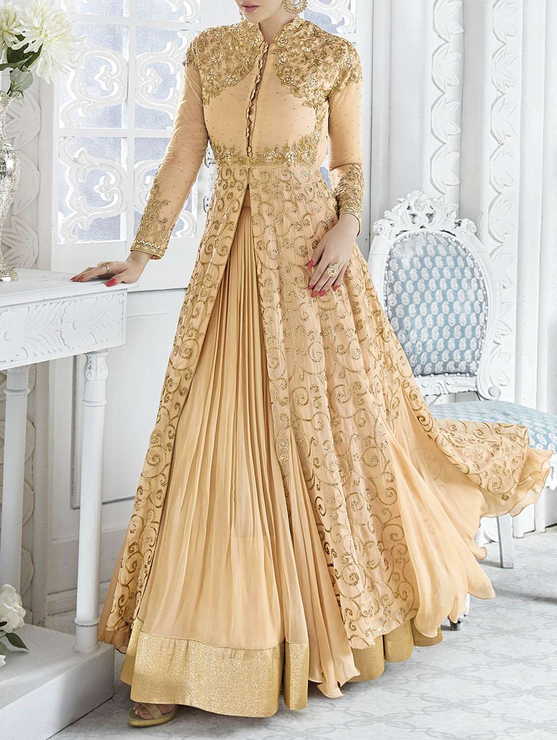 beige embroidered unstitched anarkali suit