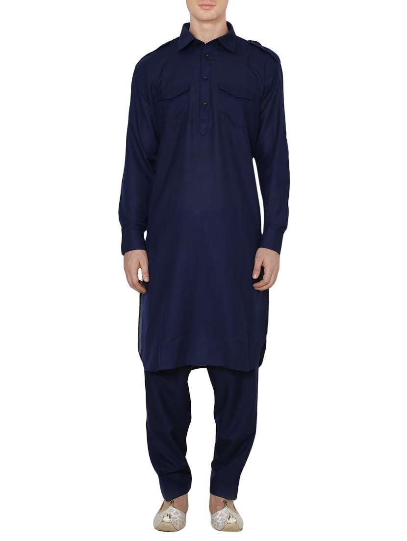 navy blue cotton pathani set - 13990011 -  Zoom Image - 0