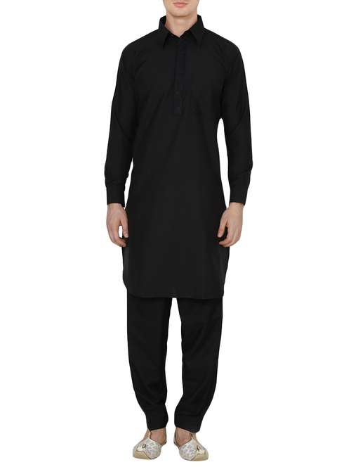 solid black cotton kurta pyjama set - 13990013 -  Standard Image - 0