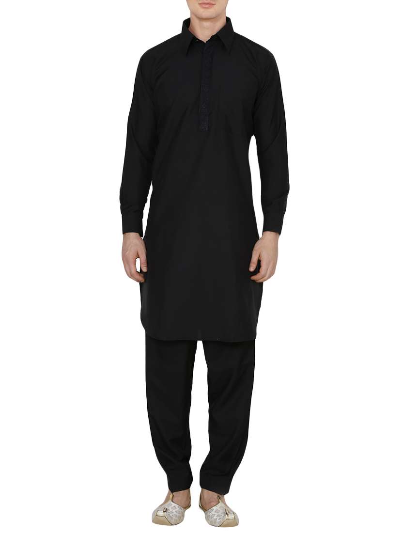 solid black cotton kurta pyjama set - 13990013 -  Zoom Image - 0