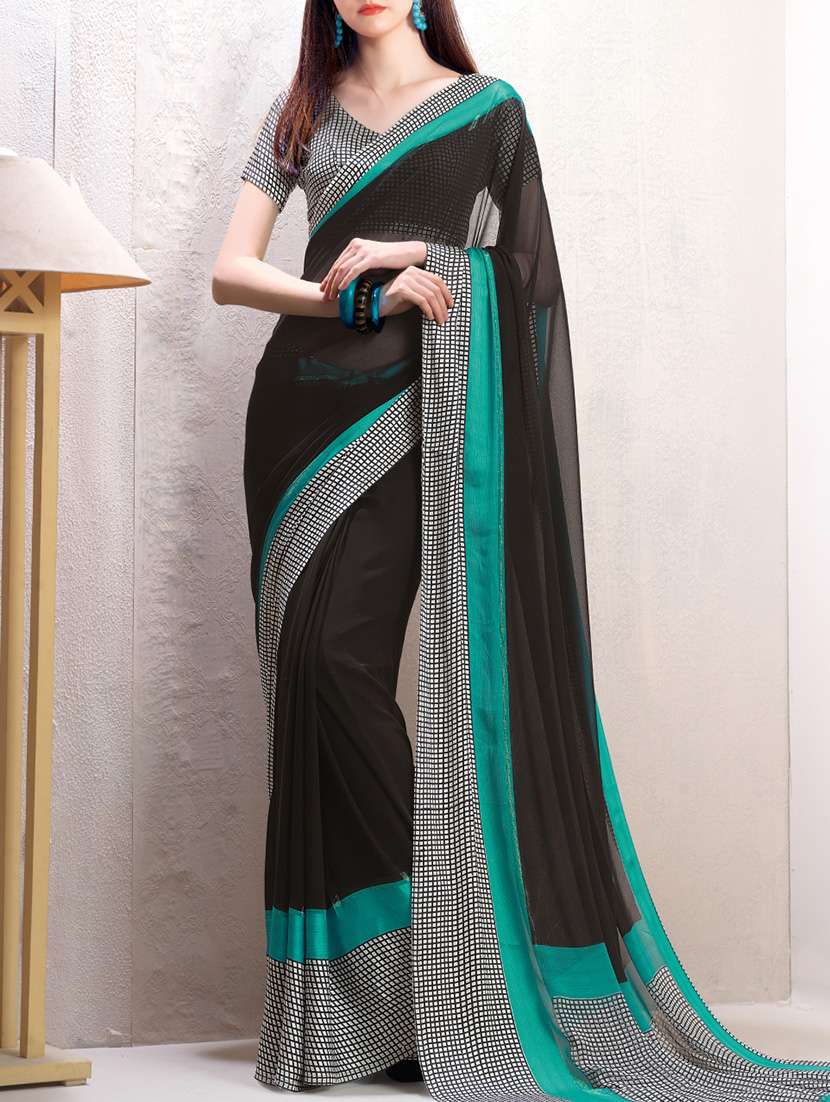 black faux georgette printed saree with blouse