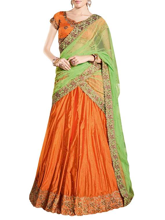 orange net flared lehenga