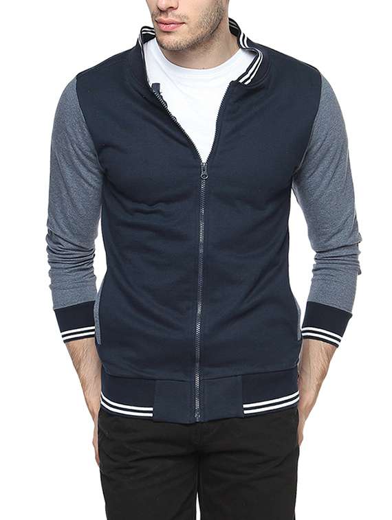 blue color block bomber jacket
