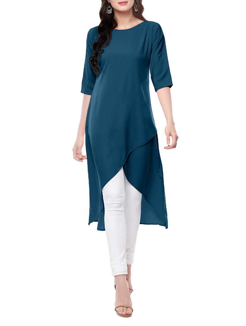 Turquoise Crepe Highlow Kurta - By