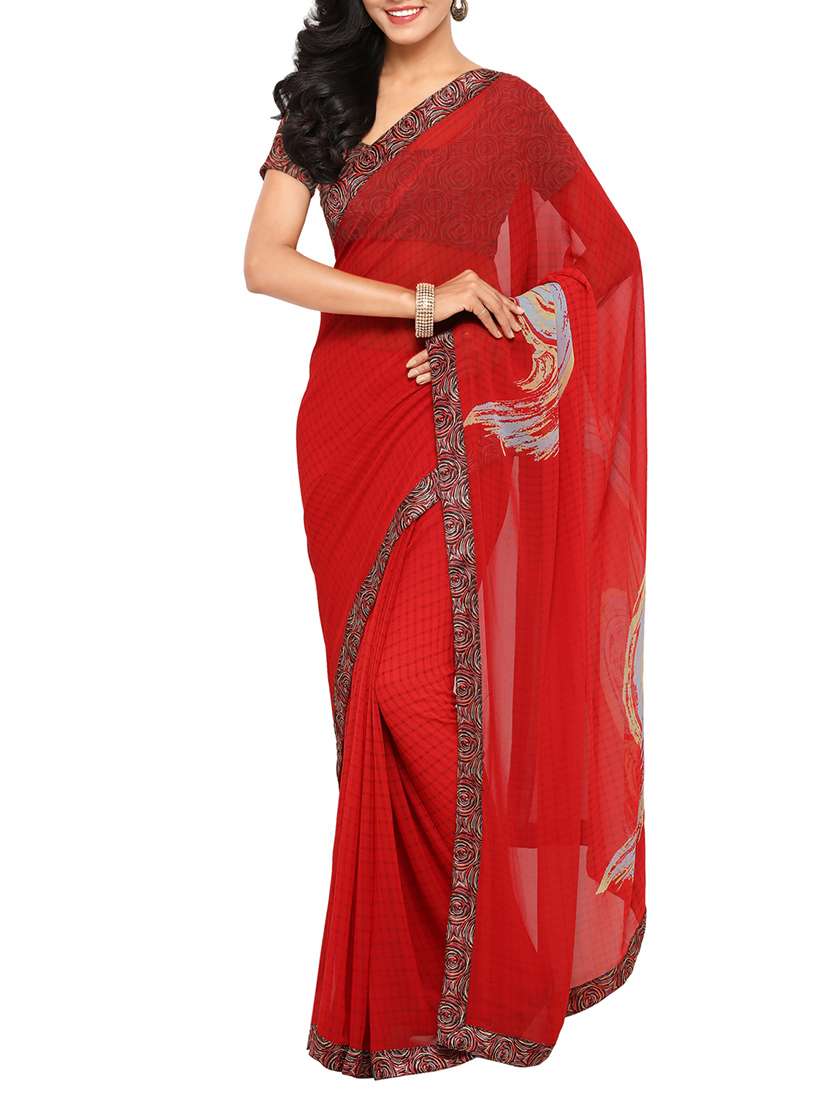 red georgette printed saree with blouse