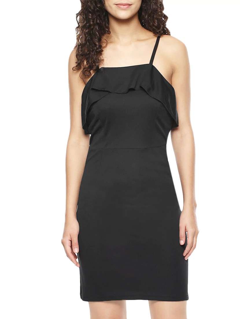 black poly jersey sheath dress