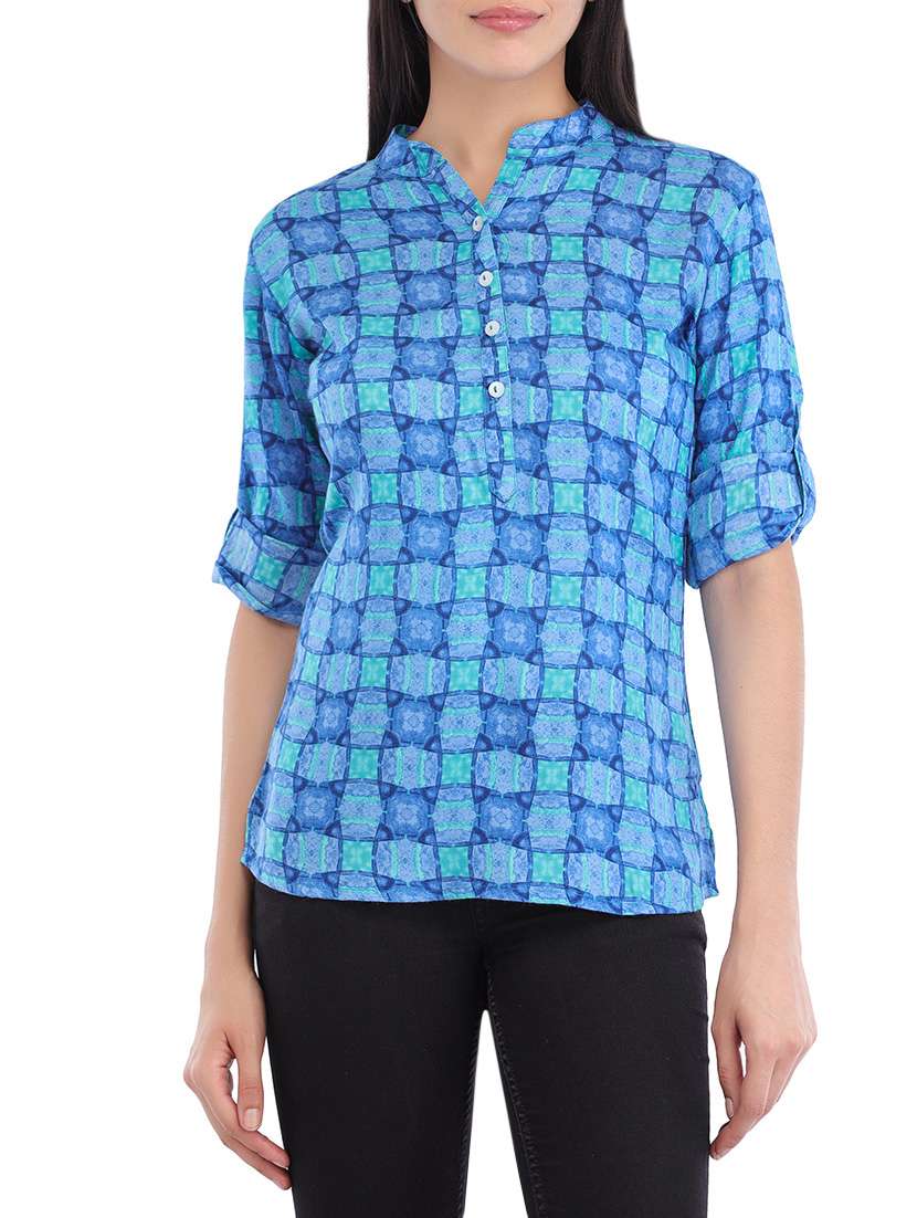 band collar roll up sleeved top