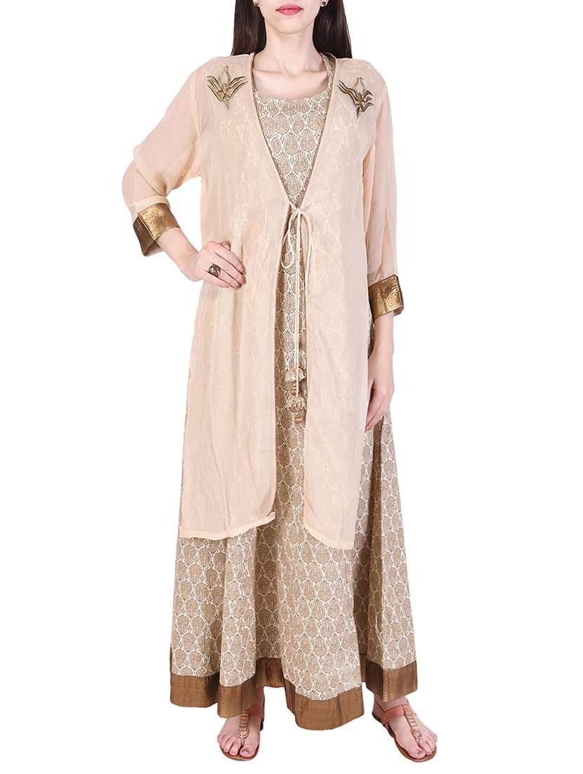 beige lotus printed cotton dress with georgette jacket