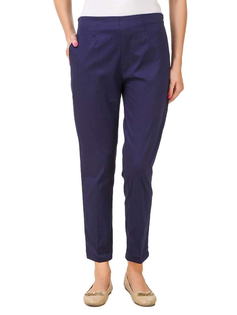 navy blue cotton lycra cigarette trouser