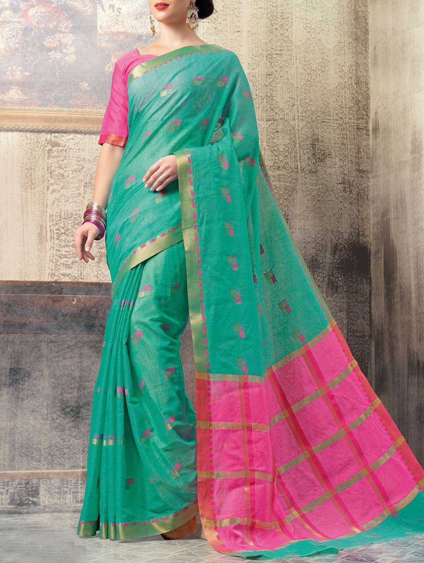green woven cotton blend saree with blouse
