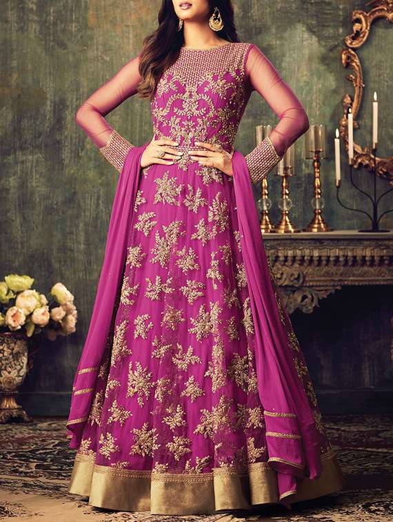 magenta net semistitched suit