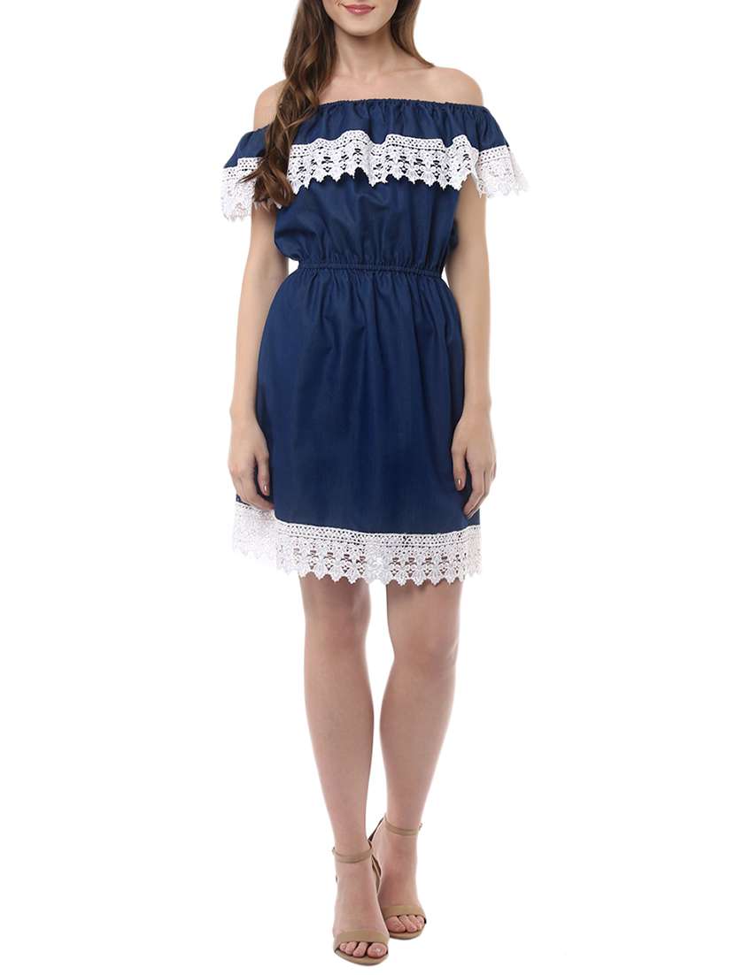 women solid lace detailed off shoulder dress - 14094285 -  Zoom Image - 0