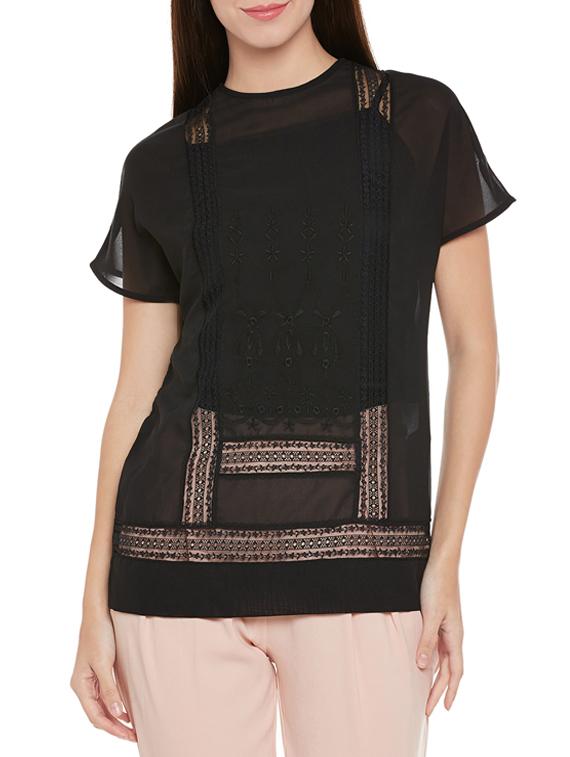lace insert sheer embroidered top - 14096324 - Zoom Image - 0