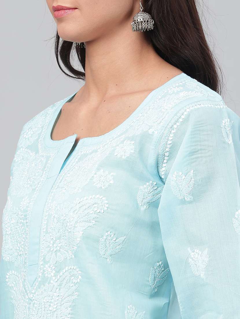 women chikankari blue cotton kurta - 14097799 -  Standard Image - 3
