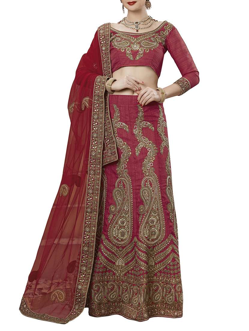 red embroidered a-line lehenga