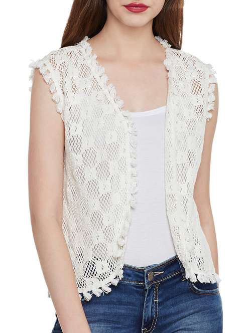 Sleeveless White Long Net Shrug White Solid Shrug Selling Fast At