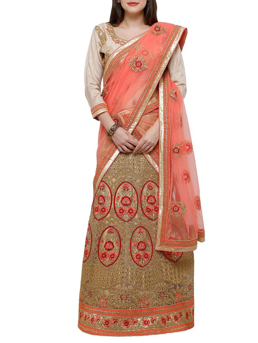beige embroidered a-line lehenga